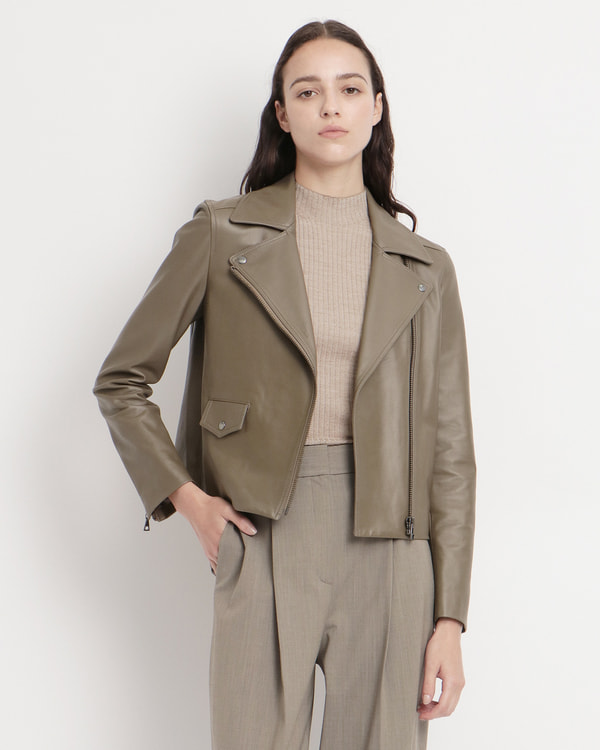 美品 セオリー Luxe Leather Moto JKT ダークベージュ P-