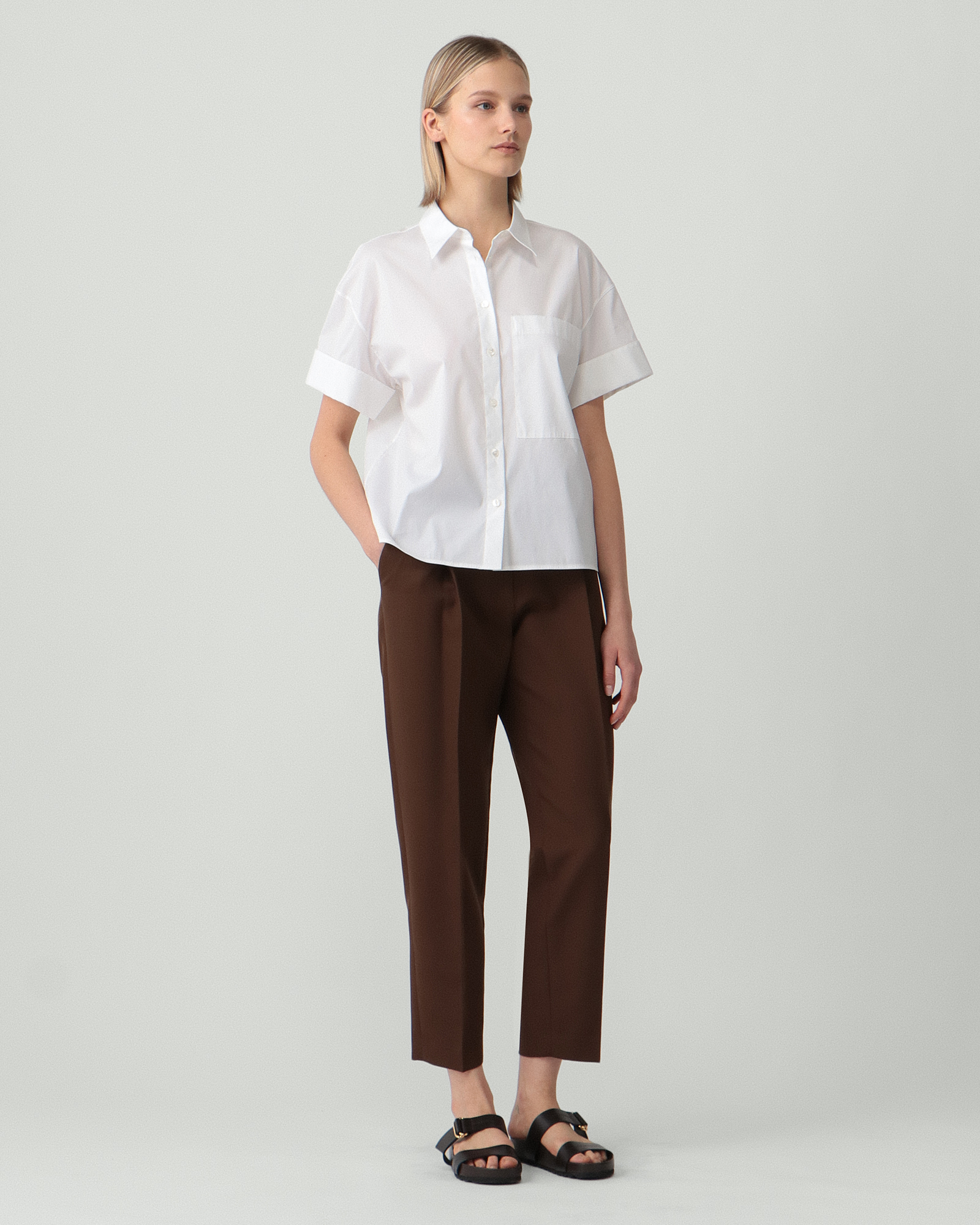 今季美品 定価3.5万 セオリー Cotton Shirting ブラウス 紺 Cotton Shirting Short Sleeve Cuff Shirt | WOMEN（レディース